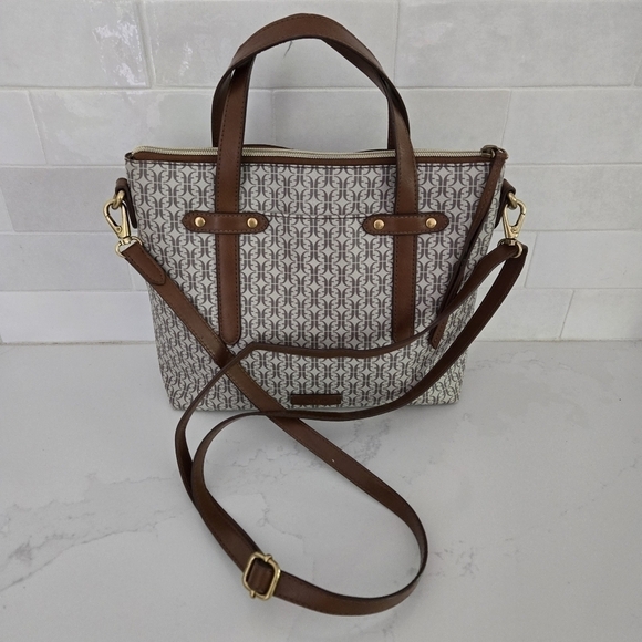 Fossil Felicity Signature Crossbody Satchel Purse Bag Logo Taupe Vegan Leather - Picture 1 of 10
